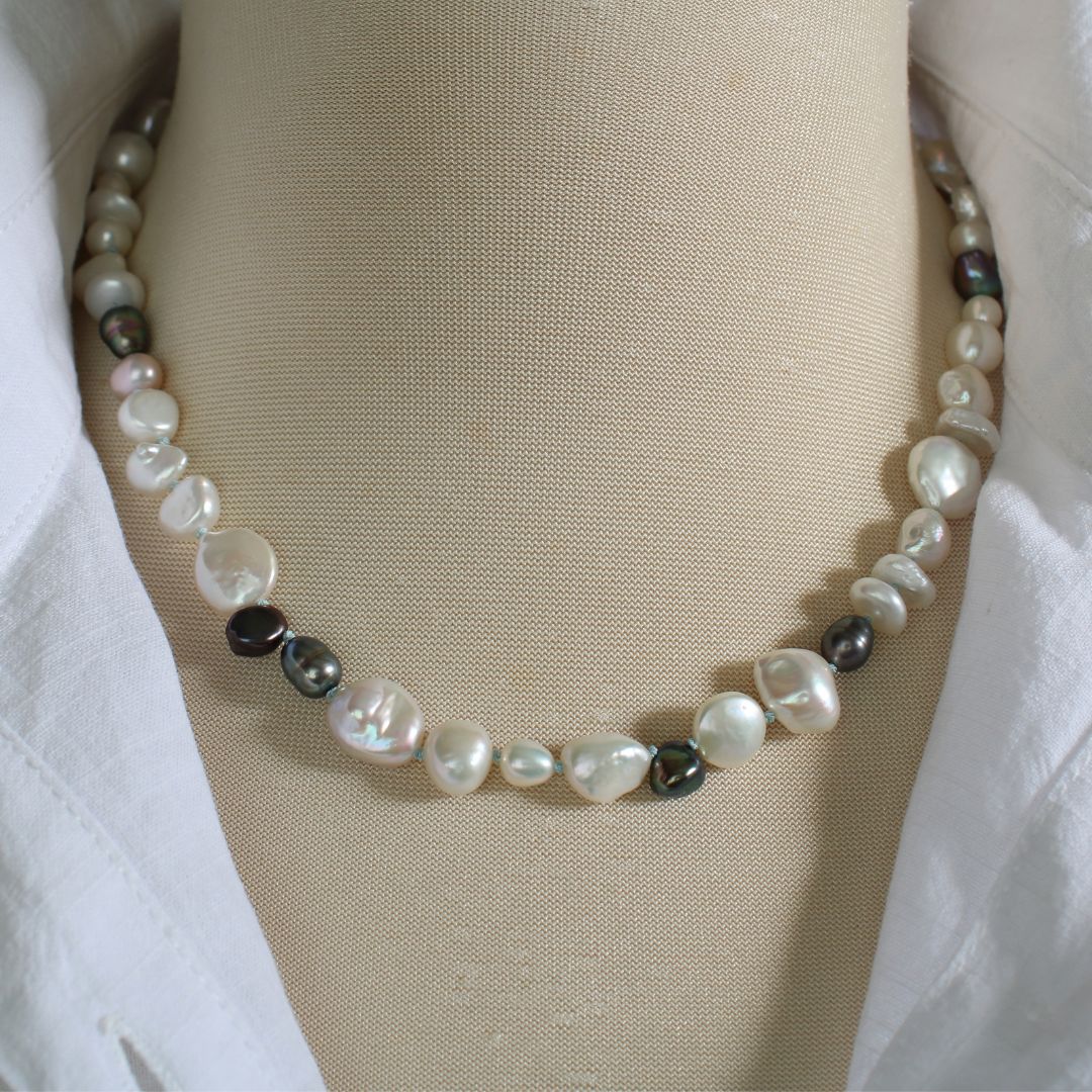 Mixed Pearl Necklace with Turquoise Silk