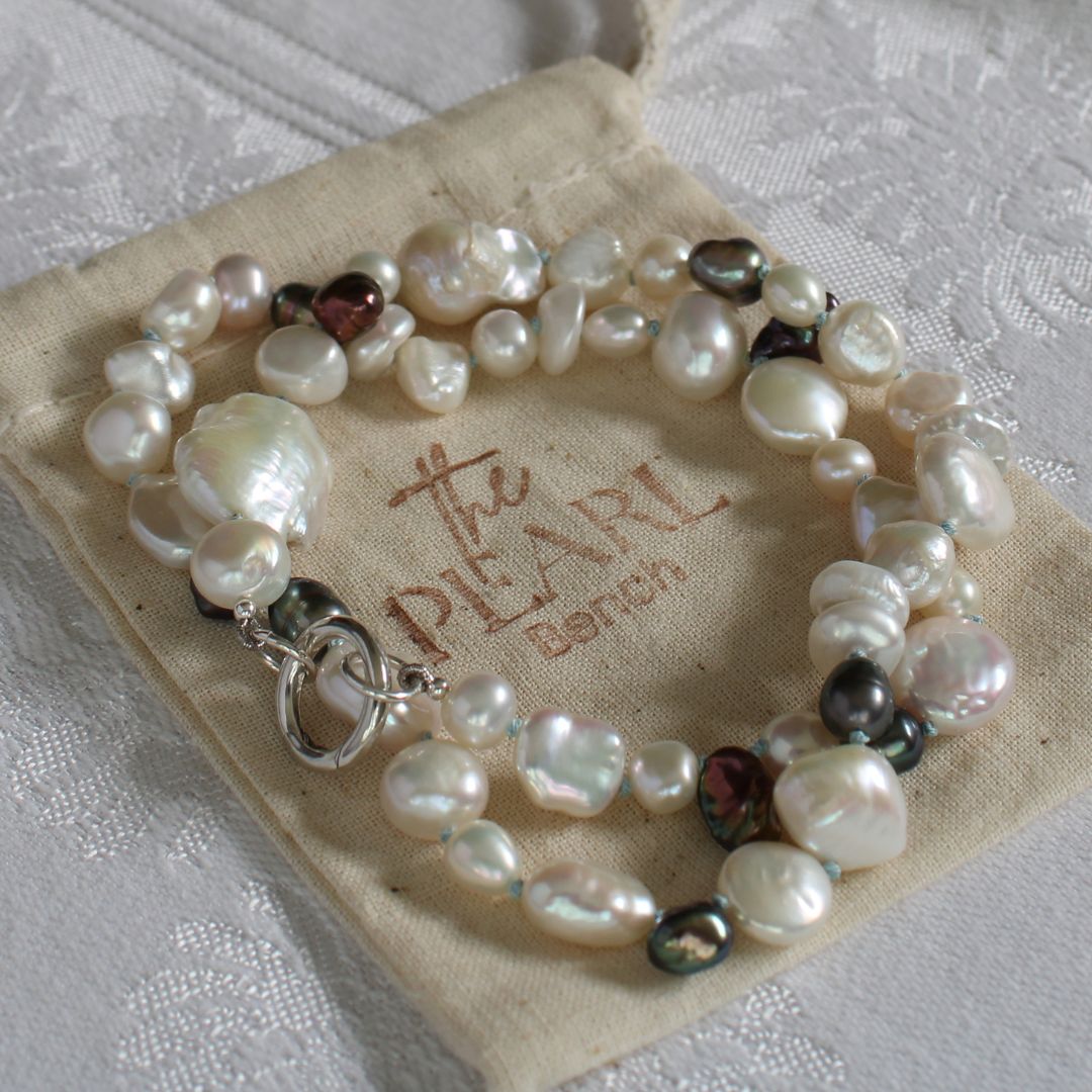 Mixed Pearl Necklace with Turquoise Silk