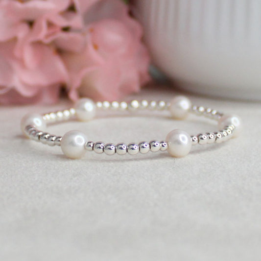 Pearl Sterling Silver Bead Stacking Bracelet - Moonlight Glow