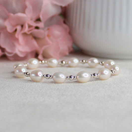 Sterling Silver Beaded Stacking Bracelet with Pearls - Pearl Essence