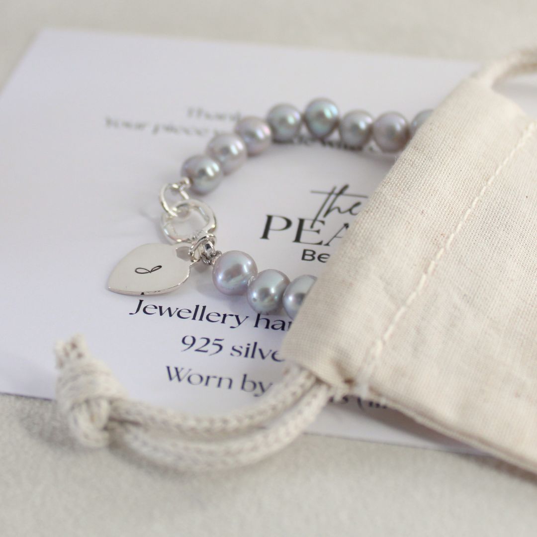 Tide 7mm Grey Pearl Bracelet - Initial Heart Charm