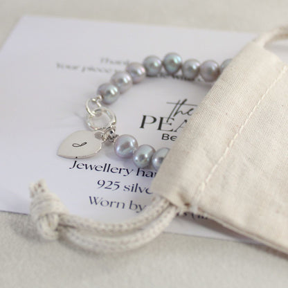 Tide 7mm Grey Pearl Bracelet - Initial Heart Charm