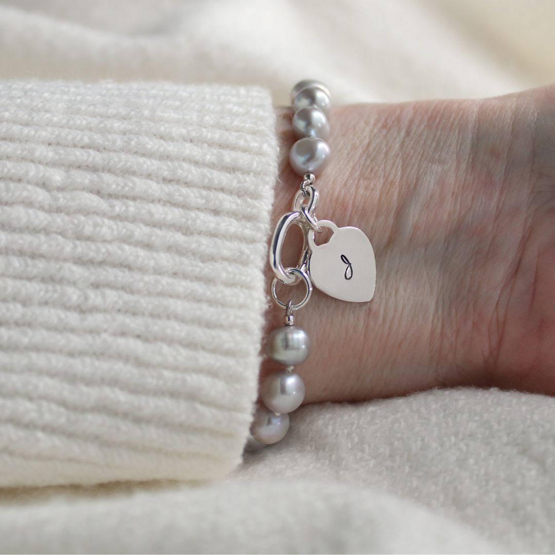 Tide 7mm Grey Pearl Bracelet - Initial Heart Charm