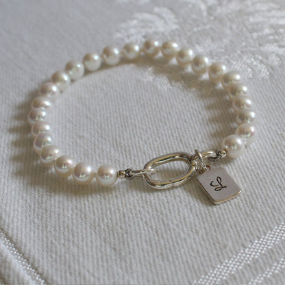 Drift 5mm White Pearl Bracelet - Rectangle Initial Charm