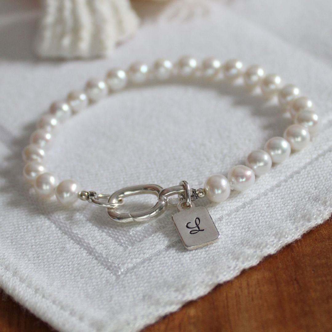 Drift 5mm White Pearl Bracelet - Rectangle Initial Charm